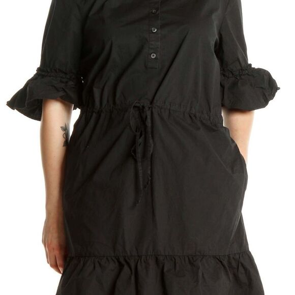 Ann Taylor Black Solid Day Fit & Flare Dress ruffle 3/4 sleeve romantic goth XS - Picture 2 of 11